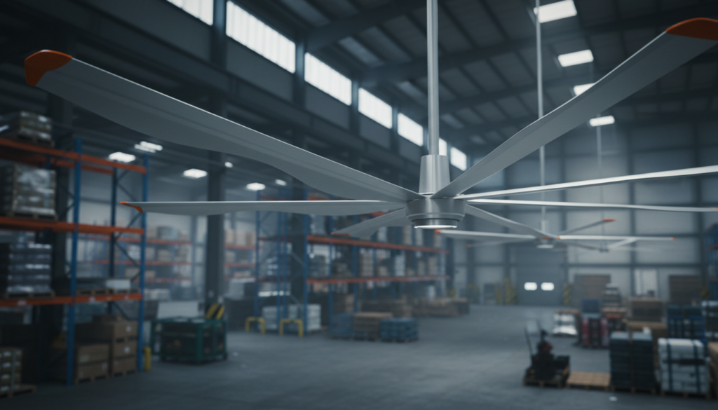 Close-up of an industrial fan inside a warehouse