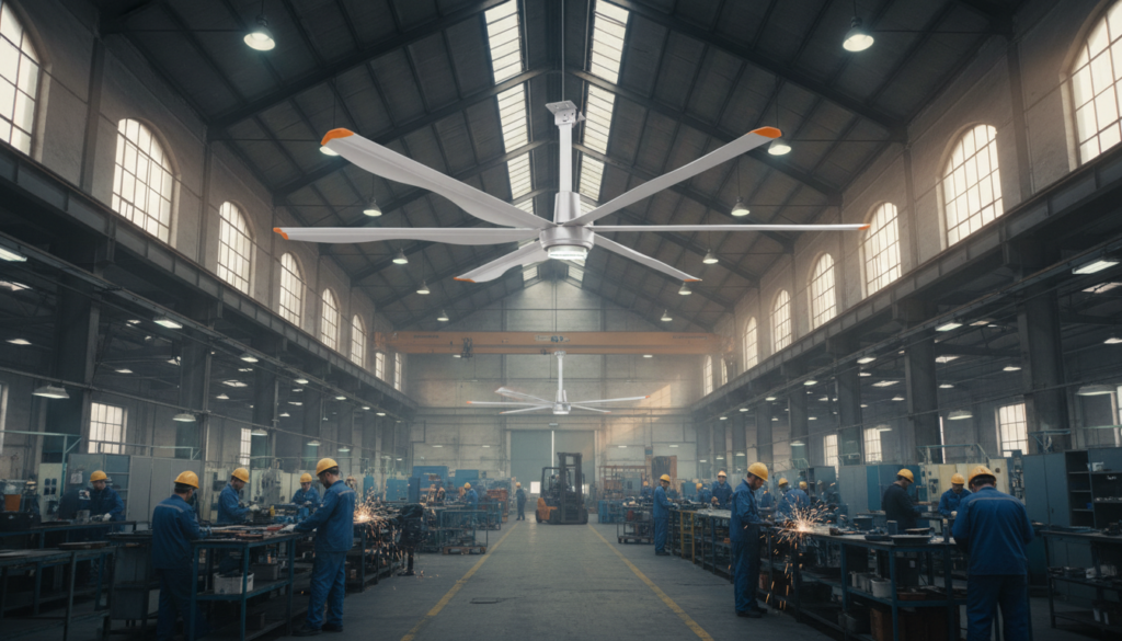 Crowded warehouse with an industrial fan