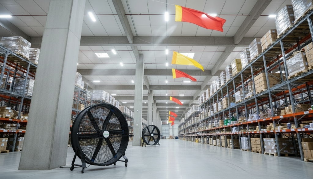entrepôt avec ventilateurs industriels de sol portables