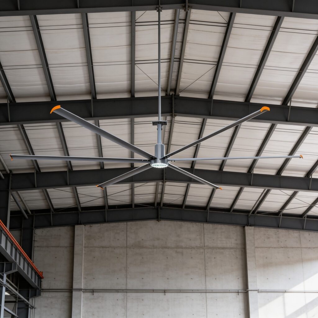 ceiling fan with power to ventilate an industrial warehouse