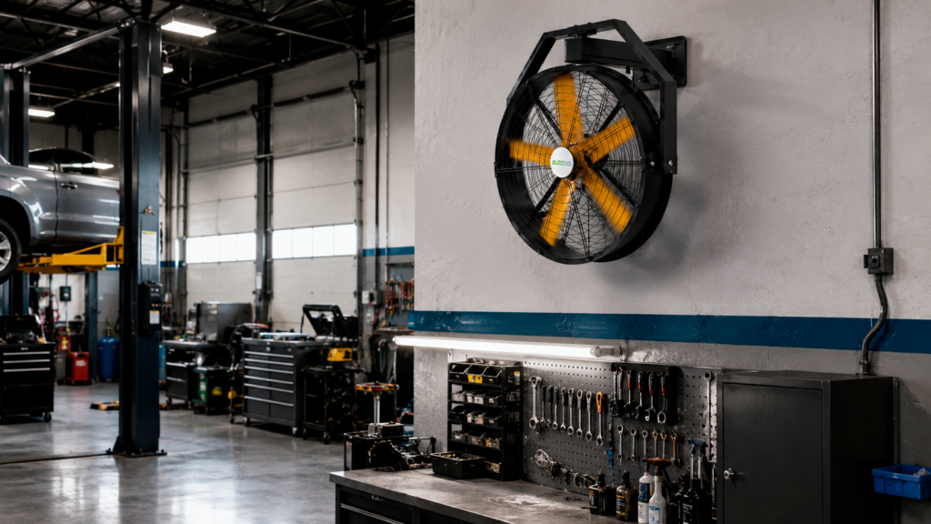 ventilador industrial de pared en un taller