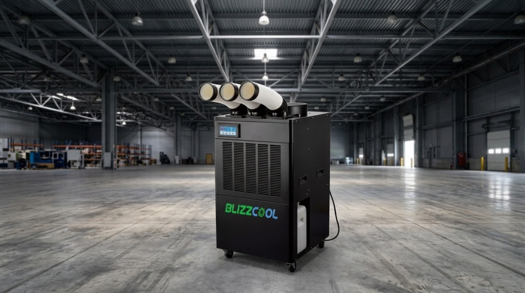 Blizzcool portable industrial air conditioner in workshop with industrial machinery in background