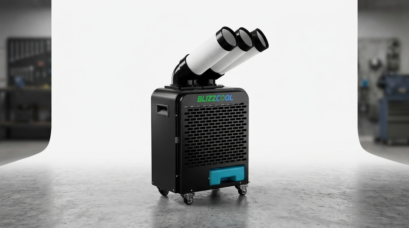 Blizzcool BC-5300 portable industrial air conditioner with three air ducts in industrial facility