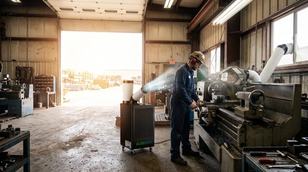 Spot cooler Blizzcool à côté d'un opérateur dans un atelier industriel avec porte ouverte