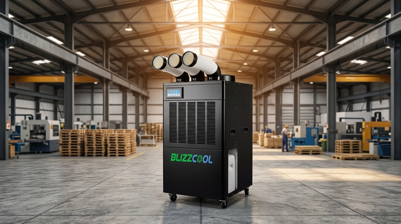 Blizzcool portable industrial air conditioning spot cooler in industrial warehouse