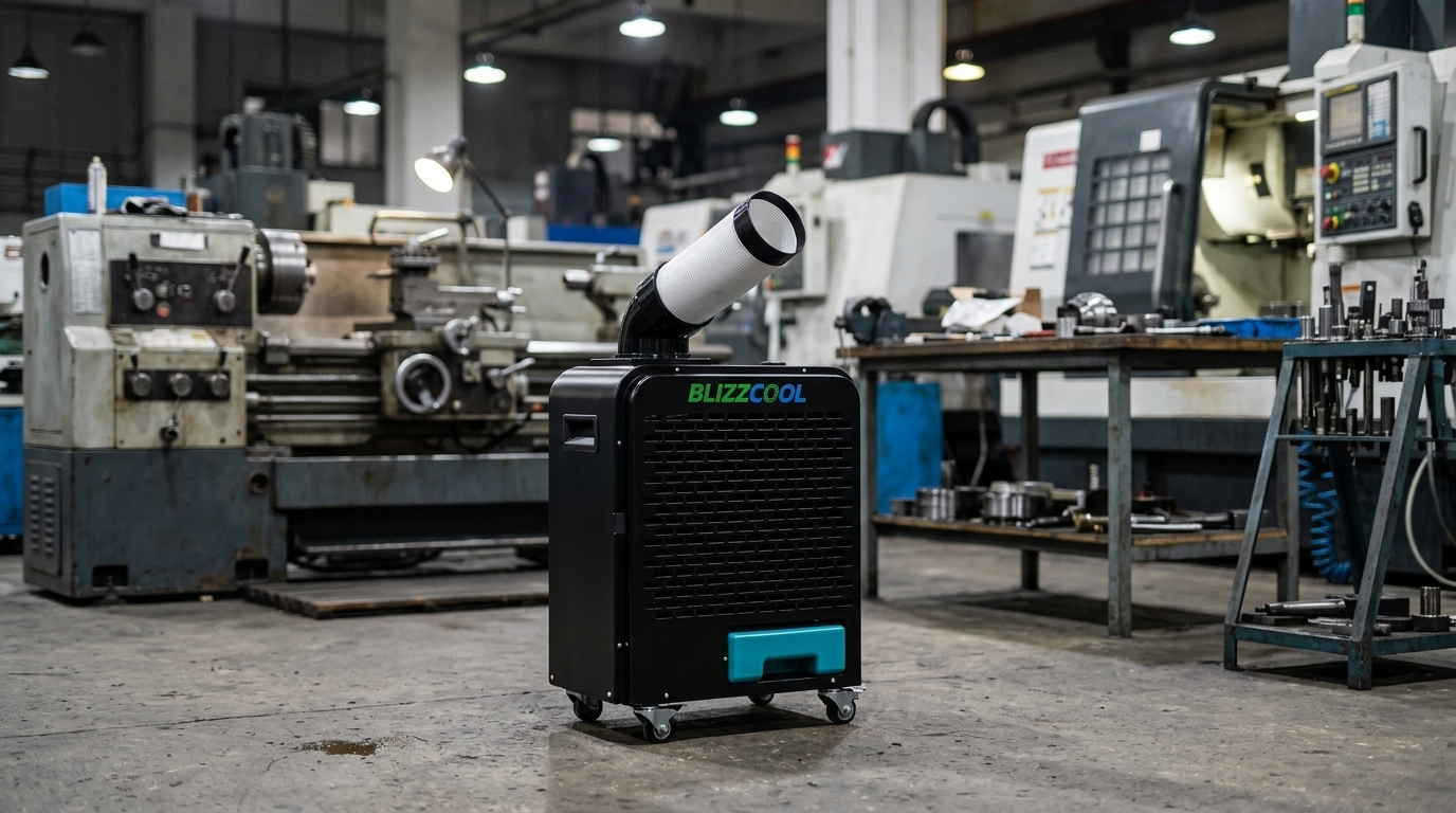 Blizzcool spot cooler in high-ceiling industrial warehouse for workstation cooling