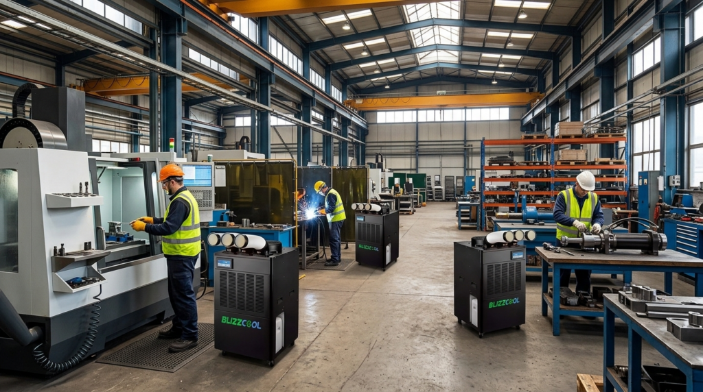Three workstations in industrial warehouse each with an individual Blizzcool spot cooler