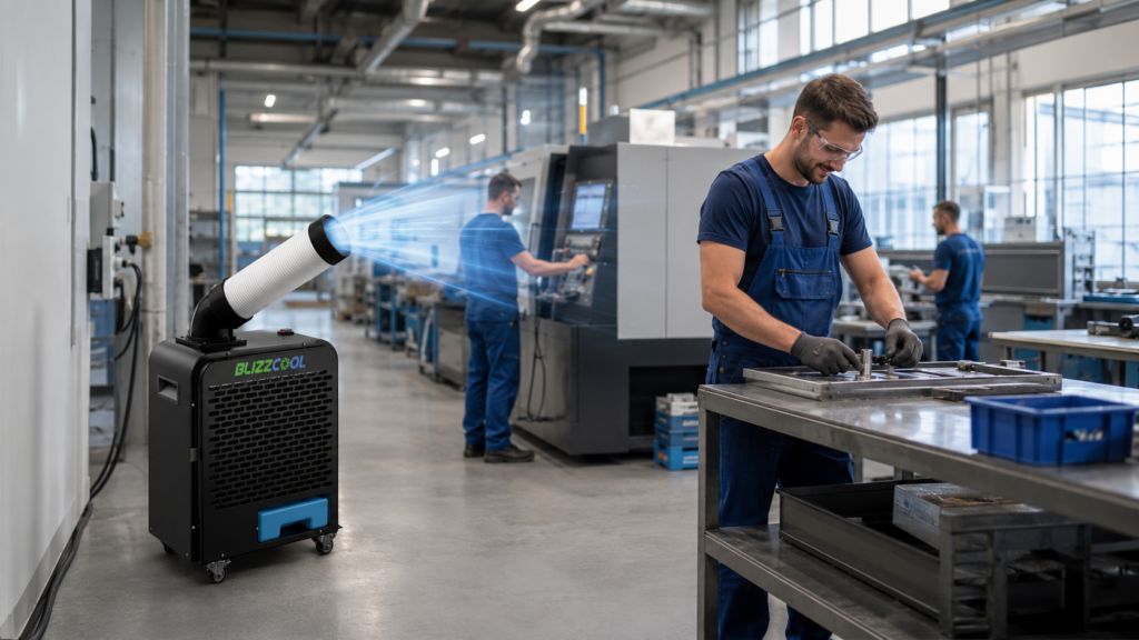 workers in an industrial facility with portable air conditioning